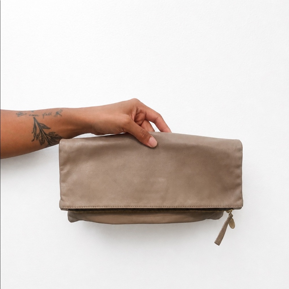 Clare V Taupe Leather Foldover Clutch